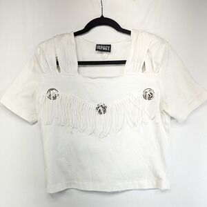 Vintage Impact Western Fringe Concho Top Off White Square Neck Short Sleeve L